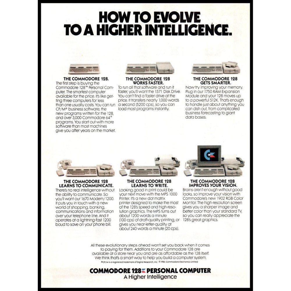 1986 Commodore 128 Personal Computer PC Vintage Print Ad 80s High Tech Wall Art